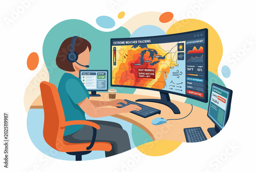 Female Emergency Dispatcher Monitoring Extreme Weather at Workstation