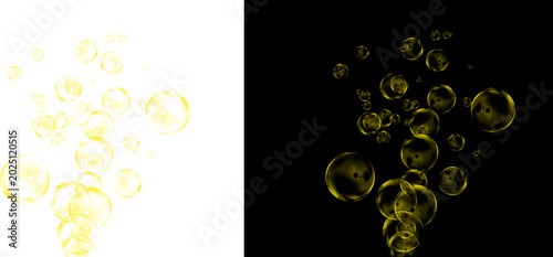 Photos Golden champagne bubbles on black and white backgrounds, sparkling carbonated li