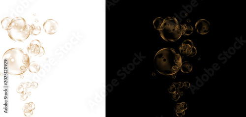 Fotografi Golden champagne bubbles rising in liquid, sparkling amber soda carbonation on w