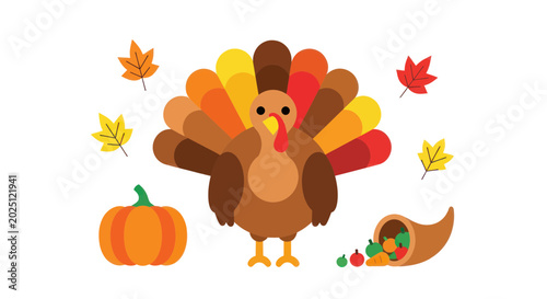 Tableau sur toile Thanksgiving Turkey, Pumpkin, Cornucopia and Autumn Leaves Illustration