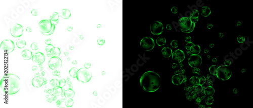Obraz na plátne Glowing green bubbles on black and white backgrounds, floating liquid spheres, n
