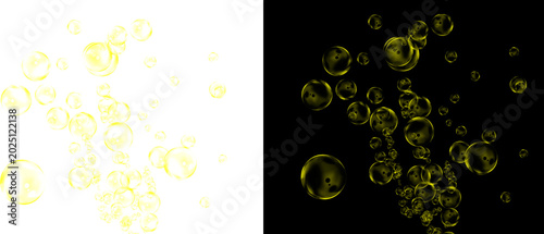 Foto Golden liquid bubbles rising on black and white backgrounds, sparkling champagne