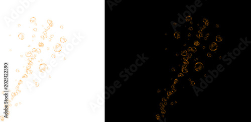 Canvas Print Golden champagne bubbles rising, sparkling liquid effervescence on white and bla