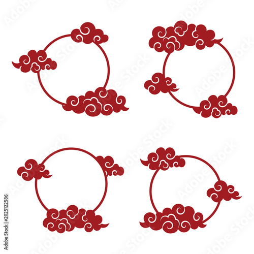 Circular Frames with Stylized Red Cloud Motifs in Traditional Ornamental Design