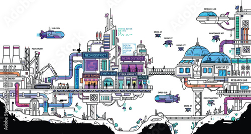 Fotografie Futuristic underwater colony vector illustration with cyberpunk marine infrastru