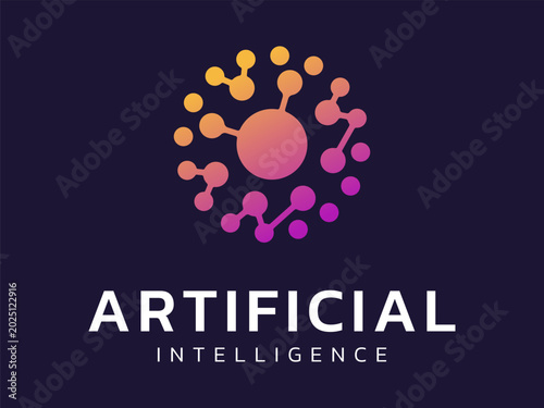 Artificial intelligence with robot Eye circle network connecting shapes technology logo vector illustration design concept, representing futuristic tech, digital transformation, AGI, AI, data scan.