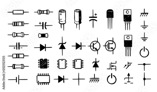 Bild auf Leinwand Electronic component symbols collection hand drawn style vector illustration