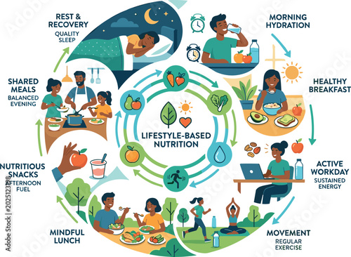 Cuadro en lienzo Lifestyle based nutrition vector illustration with healthy meals hydration exerc