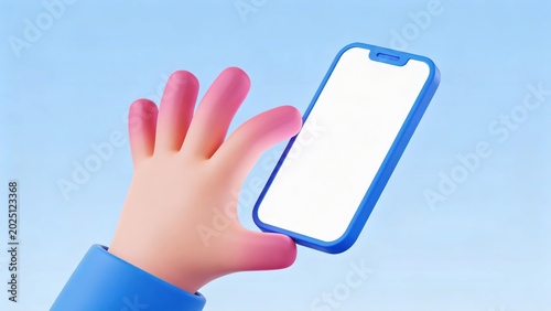 Cartoon hand holding a smartphone with a blank screen against a light blue gradient background,