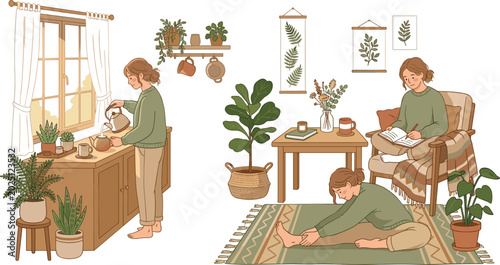 Fotografie Mindful slow living routine vector illustration with tea making journaling stret