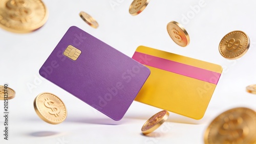 Gold coins and credit cards floating against a white background. Digital payment, cryptocurrency, and financial transactions.