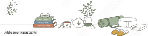 Obraz na płótnie Minimal wellness lifestyle vector illustration with yoga mat tea books and peace