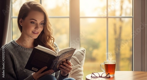 窓辺で静かに本を読み耽る女性に夕暮れの柔らかな秋の光が優しく降り注ぐ窓外には紅葉した木々が広がり温かいお茶と共に過ごす心豊かな時間. AI Generated
