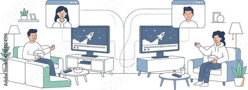 Photos Remote movie watching vector illustration with virtual connection synchronized s