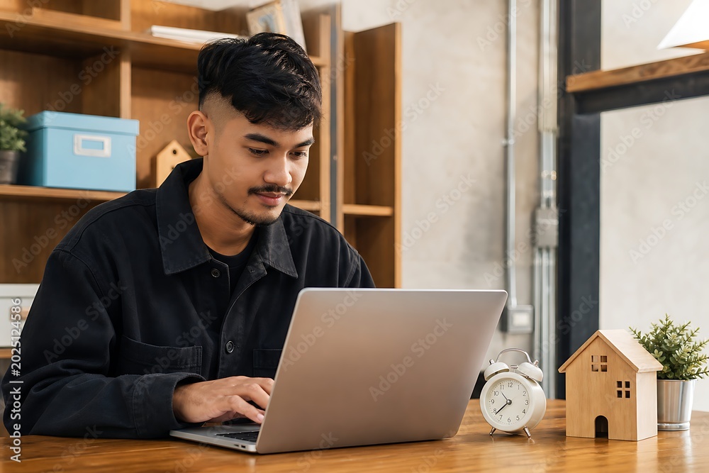Fototapeta premium Focused young man using a laptop at a desk with a small plant and clock nearby