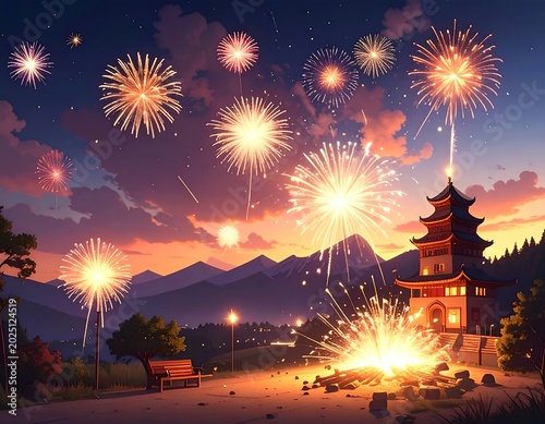Colorful Fireworks Bursting Above Traditional Pagoda at Sunset Mountain Landscape