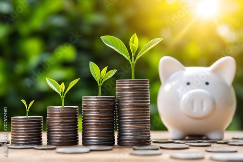 Stacks of coins with growing plants symbolizing financial growth beside a piggy bank on a wooden surface
