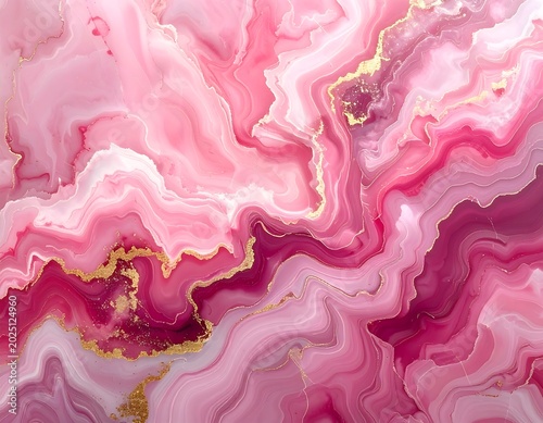 Vibrant Pink Marble Pattern Flowing with Gold Veins in Abstract Fluid Background