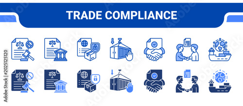 фотографія Trade Compliance Icon Collection,  featuring Sanction Law, Trade Policy, Export Control, Import Restrict, Trade Agreement, Trade Negotiation, Global Trade