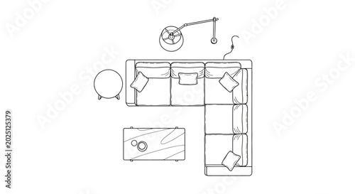 Принти на полотні Modern sectional sofa with coffee table and lamp floor plan sketch