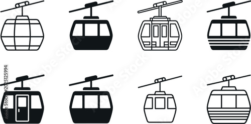 Minimal cable car vector icon set with gondola lift cabins isolated for mountain transport and tourism design