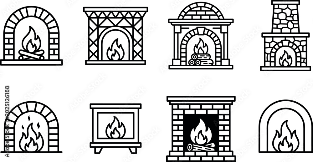 Fototapeta premium Minimal fireplace vector icon set with burning hearth chimney and brick fire designs isolated on background