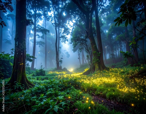 Misty Enchanted Forest Glowing at Dawn with Fireflies and Wildflowers