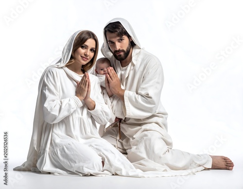 Young Parents and Baby in White Robes Praying on Minimal Studio Background