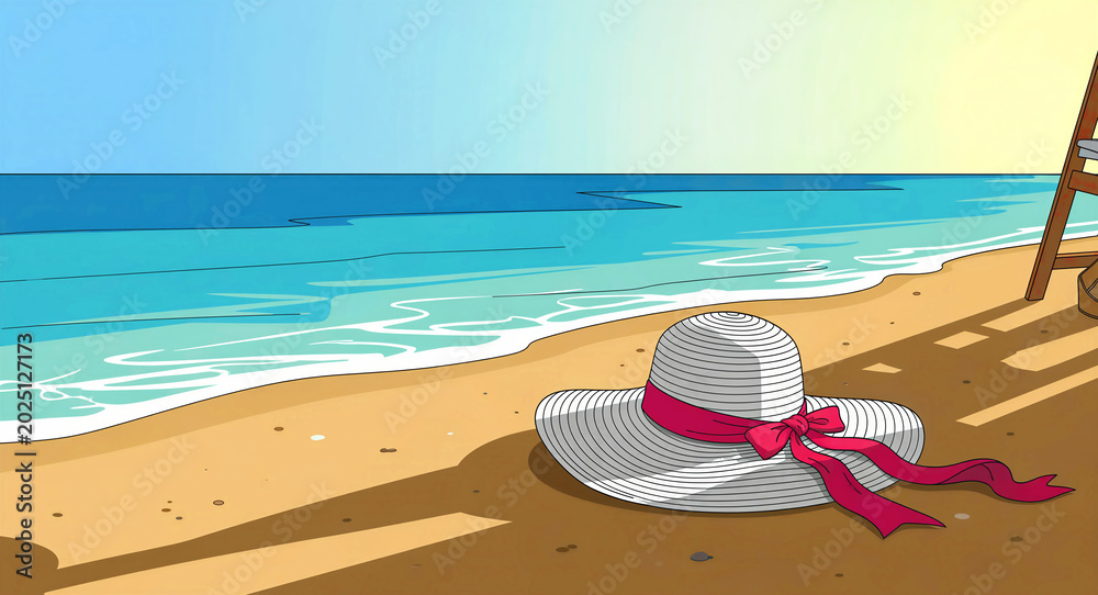 Obraz premium White sun hat with pink ribbon on a sandy beach. Calm ocean waves and blue sky in a cartoon illustration. Summer vacation concept, ideal for travel marketing.