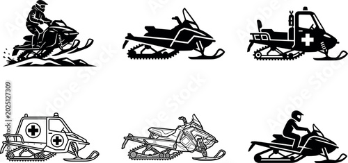 Bild auf Leinwand Snowmobile rescue and winter transport vector icon set with riders medical sleds