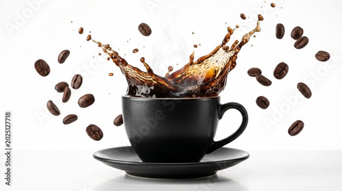 Dynamic splash of hot coffee erupting from a black cup with scattered coffee beans against a clean white background, creating an energetic beverage scene.
