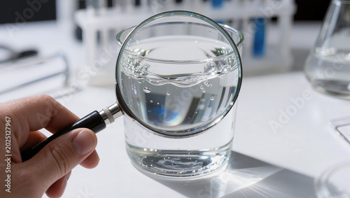 Magnifying Glass Examining Clean Water in Beaker in a Lab