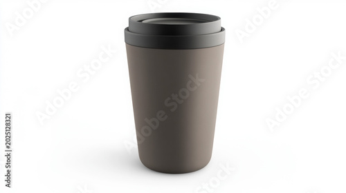 Brown travel mug with black lid on white background for hot beverages