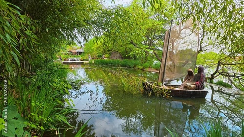 The camera moves slowly along well-manicured pathways, amidst contemporary art installations.