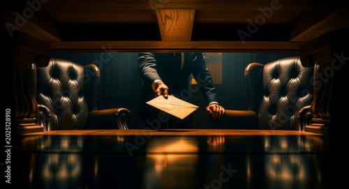 Man in a suit passing an envelope across a wooden table in a dark room. Secretive deal or bribe taking place between leather chairs in a private office. Corruption concept for legal scandal themes.
