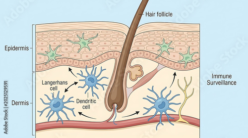 Medical anatomy illustration of skin cross section featuring immune surveillance with dendritic Langerhans cells, hair follicle, and epidermal layers showing defensive sentinel cell architecture.