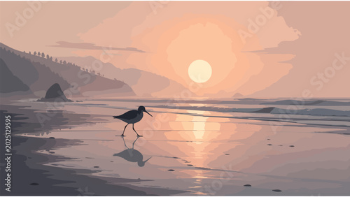 Photos Serene Beach Sunset with Shorebird and Reflection - Coastal Landscape for Travel