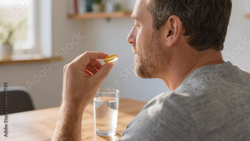 Man Taking Gel Capsule with Water for Supplementation