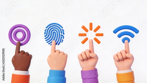 Diverse Hands Interacting with Digital Icons: Target, Fingerprint, Loading Spinner, and Wi-Fi Symbol. Representing technology, online services, and connectivity.