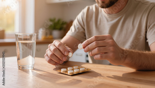 Man Taking Medication with Water at Kitchen Table