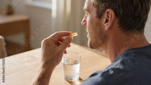 Man Taking Omega-3 Supplement with Water at Home
