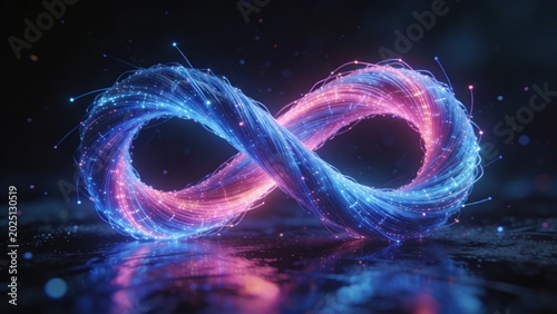 Abstract Infinity Symbol Made of Glowing Blue and Pink Fibers with Particles and Reflections