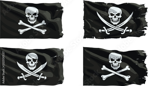 Schilderij op canvas Collection of stylized pirate flag illustrations featuring skull and crossbones