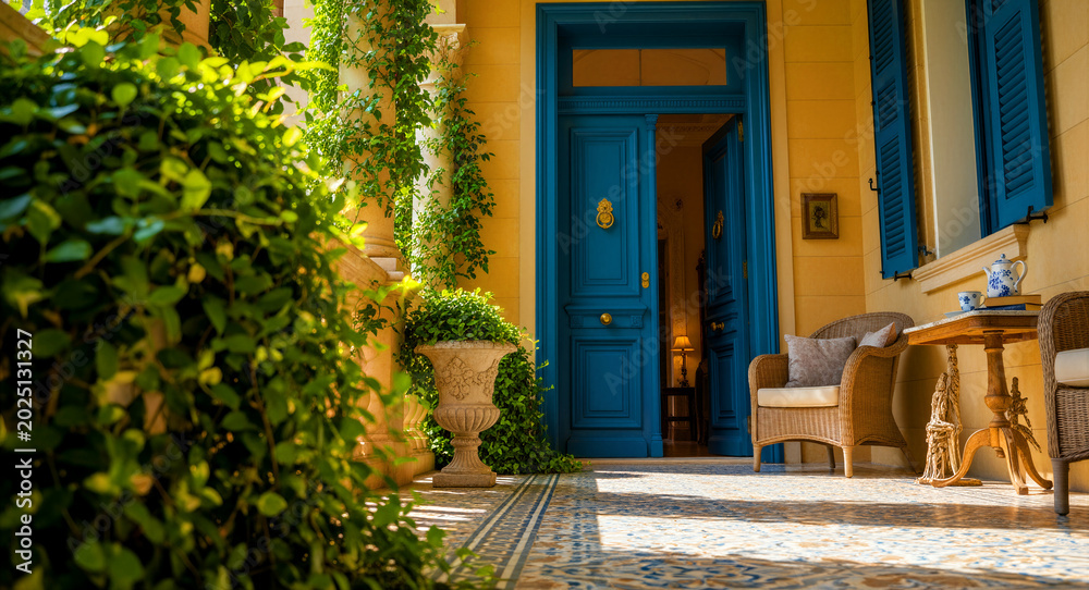 Obraz premium Ornate blue wooden door stands open on a sunny Mediterranean terrace. A cozy wicker chair and tea set sit on a decorative tiled floor amidst lush greenery. Serene luxury villa entrance concept.