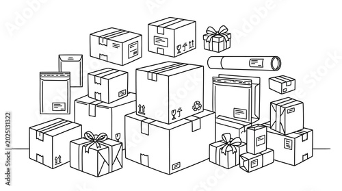 Foto Hand-drawn illustration of various shipping boxes and gift packages