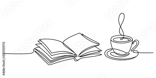 Bild auf Leinwand Open book and a hot cup of coffee in continuous one line drawing style