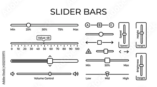 Photos UI Slider Bars and Controls: Volume, Speed, Brightness, Value