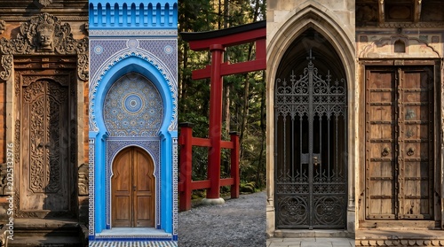 Doors from diverse architectural traditions showcase intricate wood carvings, vibrant blue mosaic tiles, bright red gates, ornate ironwork, and rustic weathered timber textures.