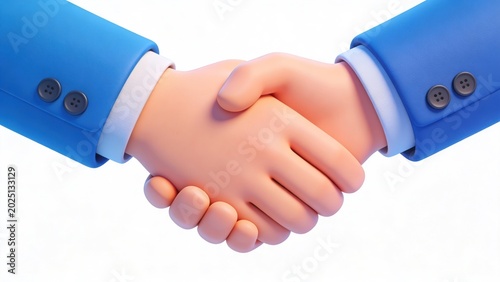 Two cartoon businessman hands in blue suits shaking hands, symbolizing agreement, partnership, handshake, success, and deal closing in business.