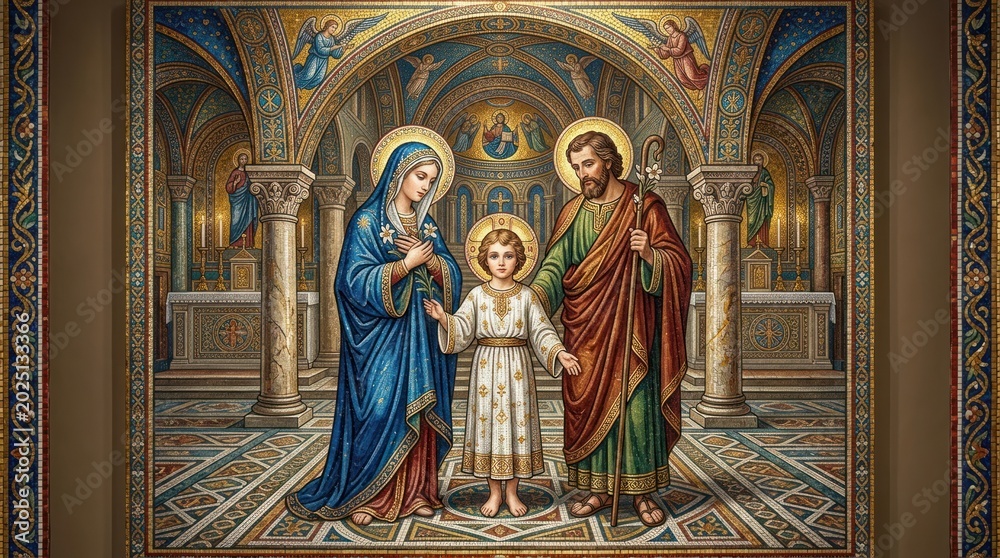 Fototapeta premium Mosaic of the Holy Family - Jesus, Mary, and Joseph in a Byzantine Church Interior